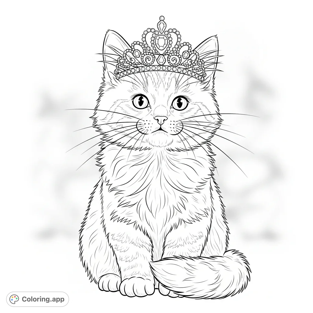 Capture the charm of a regal kitten adorned with a delicate tiara, perfect for a delightful and enchanting coloring page. Explore intricate details and textures.