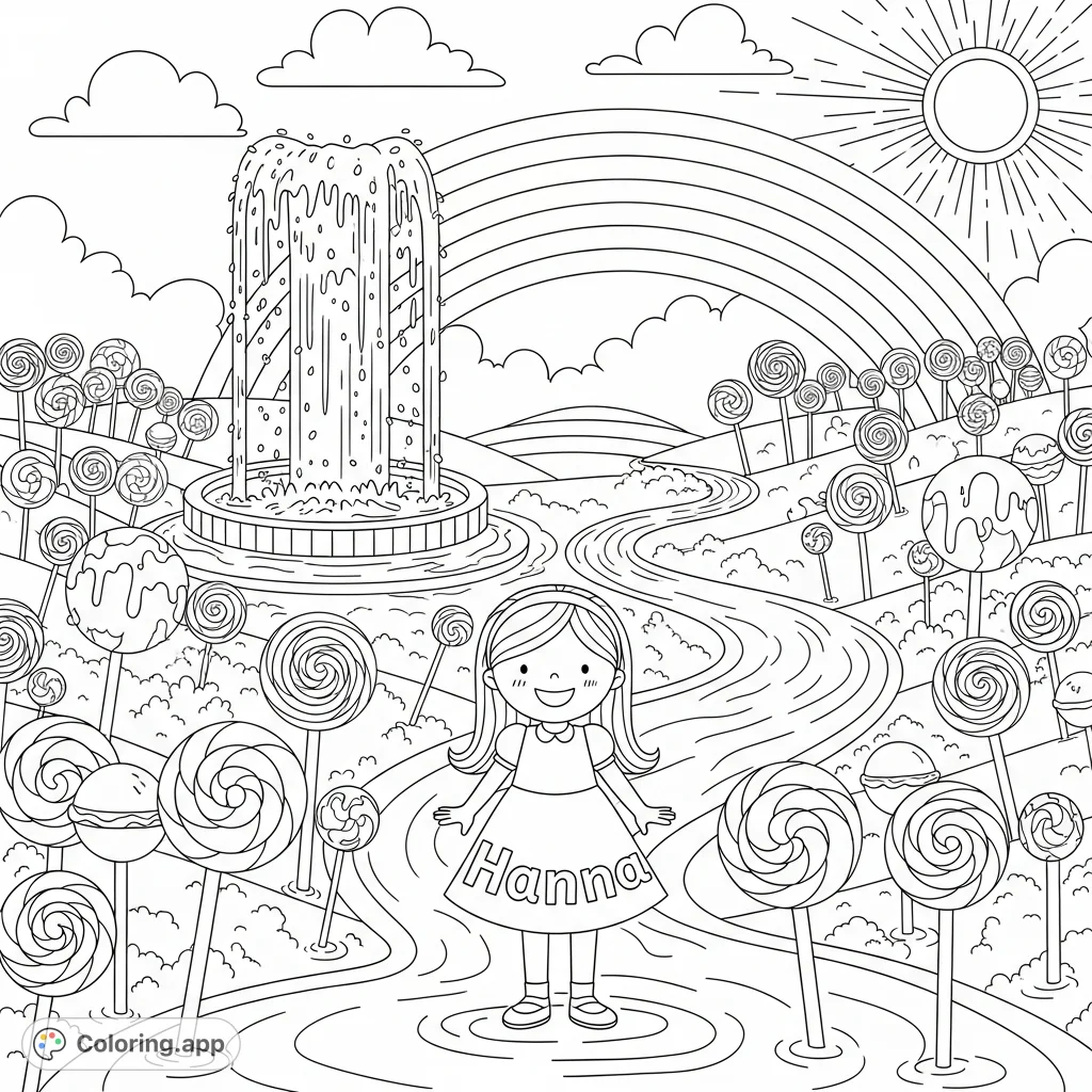 Explore a delicious Schlaraffenland coloring page featuring Hanna, a chocolate river, sprinkle fountain, and giant lollipops. A sweet adventure awaits!