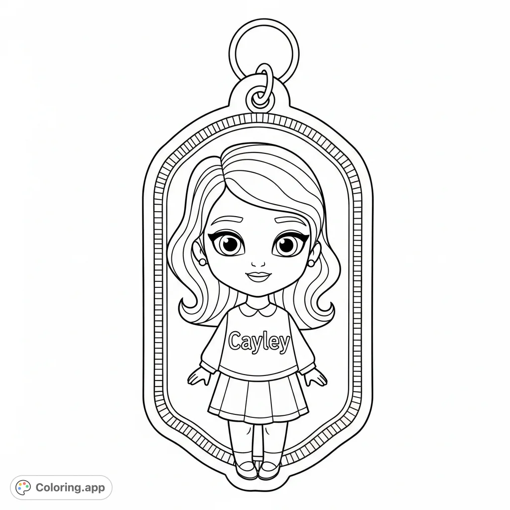 A delightful coloring page featuring "Cayley" on a personalized keychain, ready for creative expression. Perfect for fans and custom gift ideas.