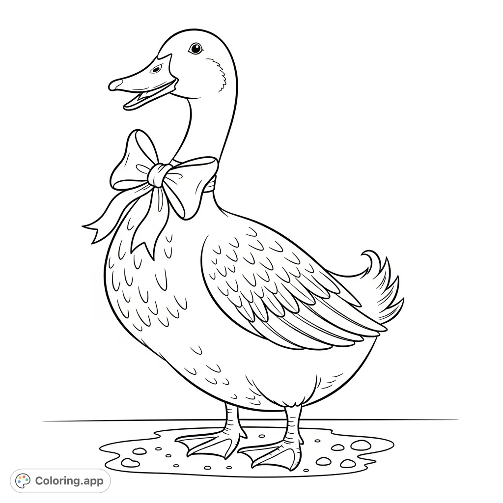 A charming duck proudly displays a stylish bow, ready for creative color. This delightful duck coloring page is perfect for all ages.