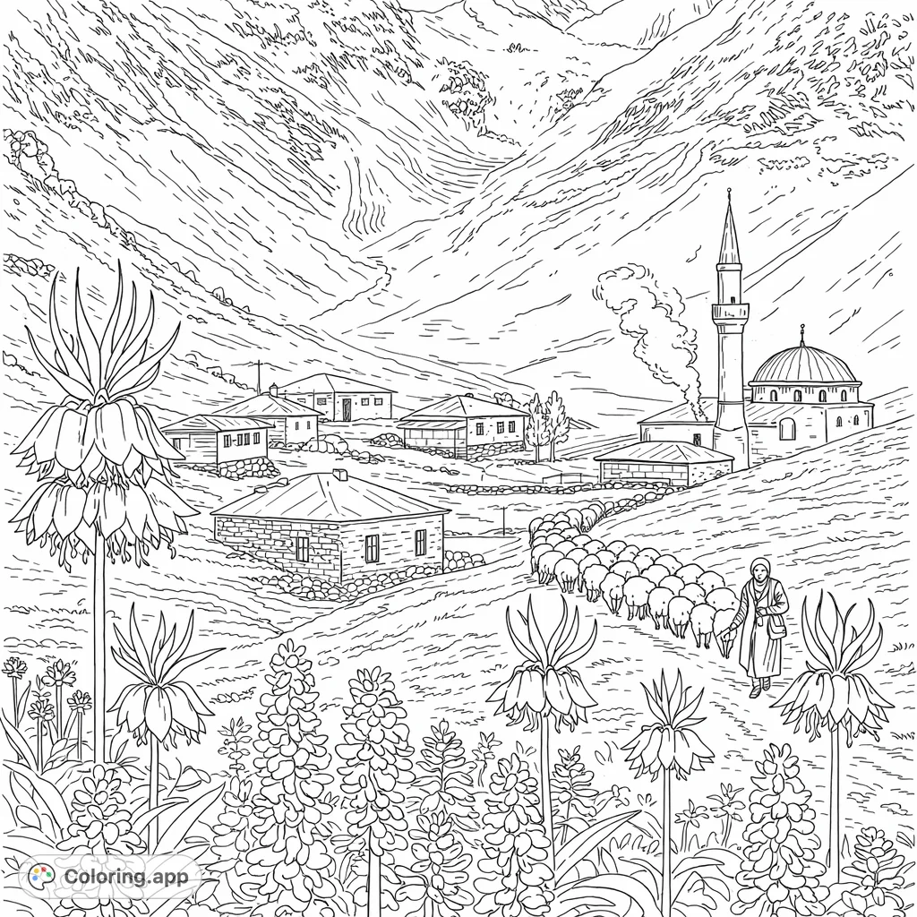 Explore a picturesque mountain village with a shepherd and flock, surrounded by majestic peaks and vibrant flowers. A detailed free printable coloring page.