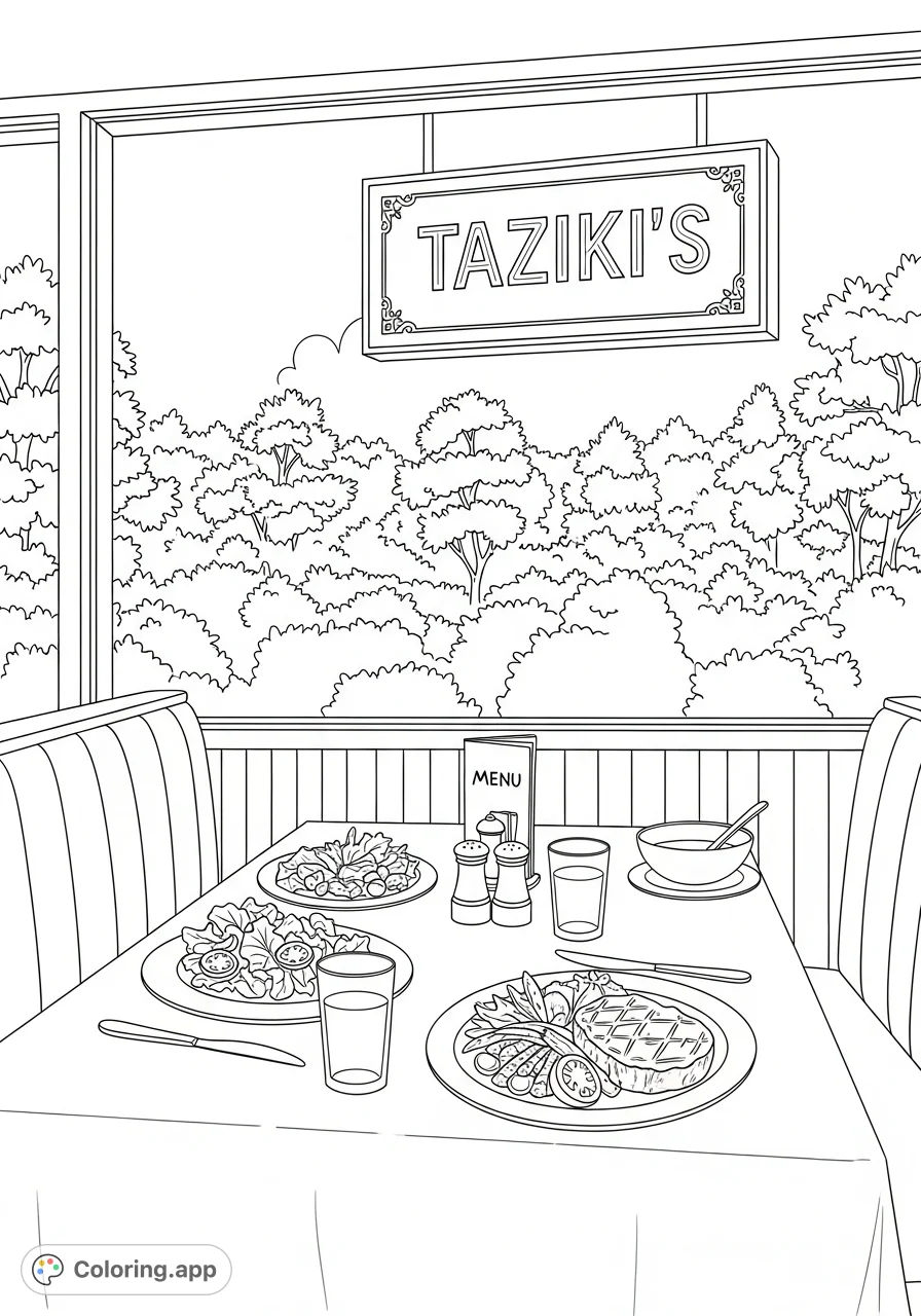 Explore a charming restaurant booth with a table set for two, featuring detailed meals, tableware, and a window view of the 'TAZIKI'S' sign. Perfect for foodies!