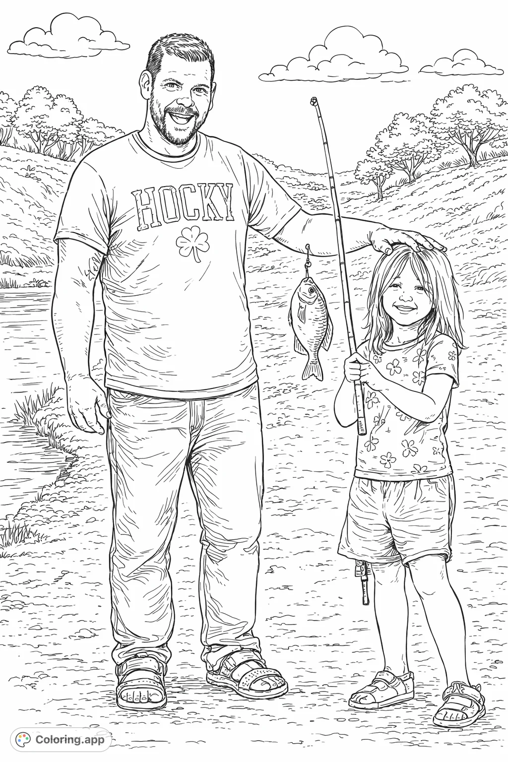 Capture a heartwarming fishing moment with a man and a happy child enjoying the outdoors. A hand-drawn sketch, perfect for a peaceful coloring escape.