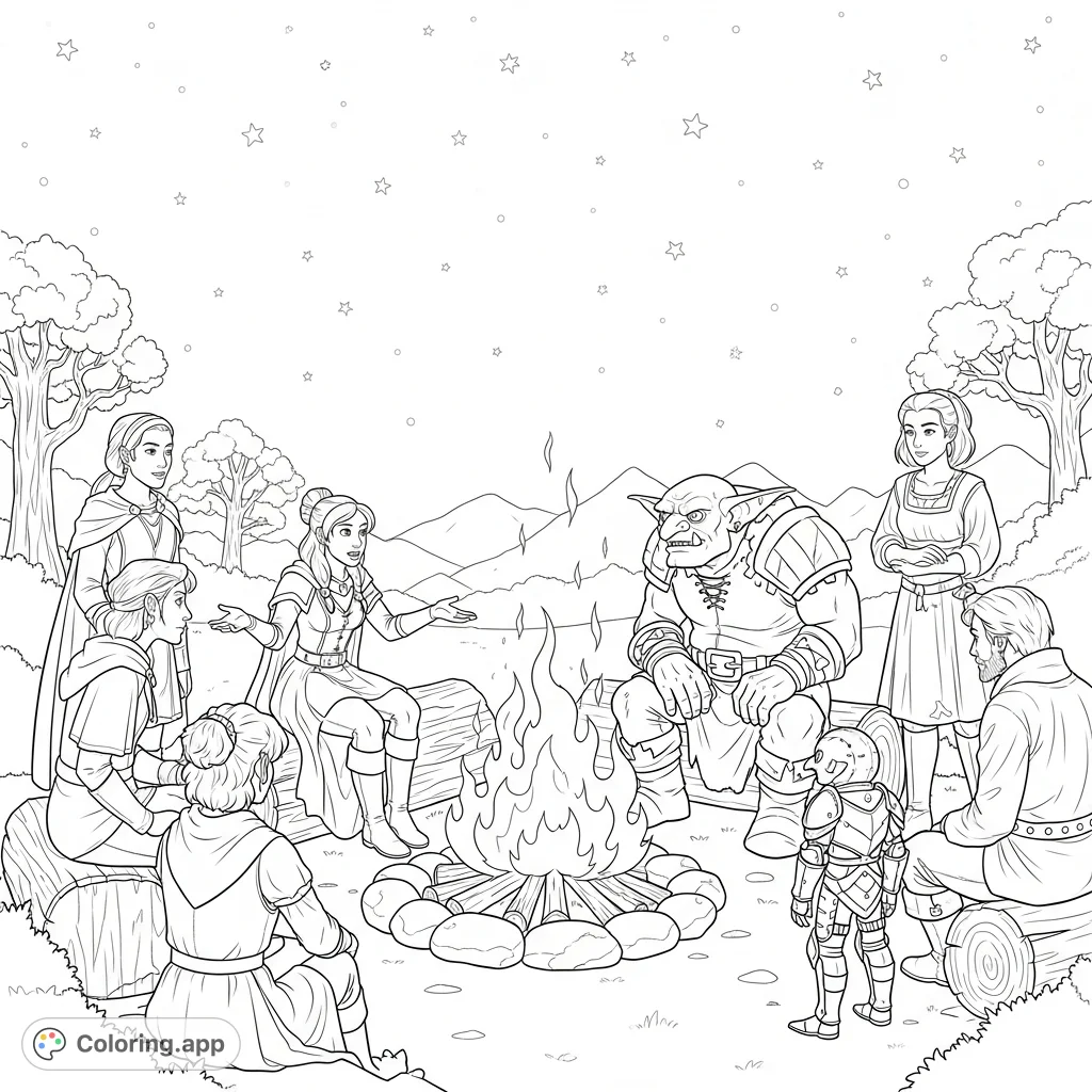 Join Erin Solstice, Rags, and Ksmvr around a captivating campfire. This fantasy adventure coloring page features diverse characters and a star-filled night, perfect for imaginative colorists.
