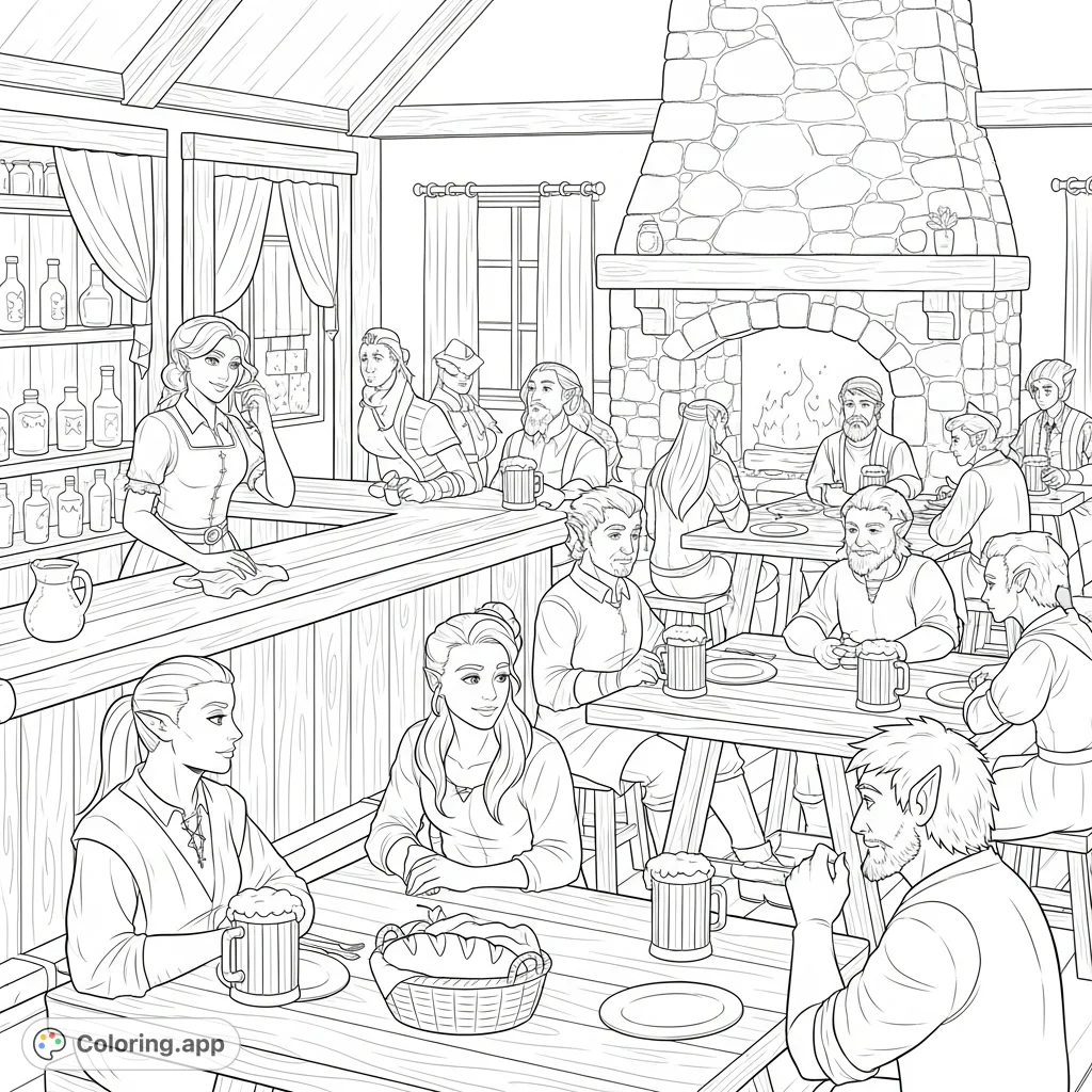 A detailed fantasy inn coloring page featuring Erin Solstice behind her rustic bar, with diverse patrons, a warm fireplace, and a lively common room.