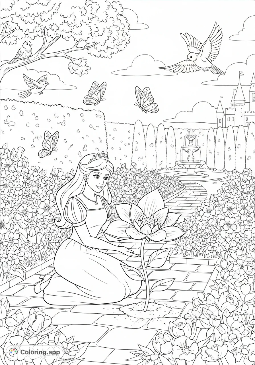 Discover a beautiful princess planting a magical flower in her elaborate castle garden, surrounded by blooming flora, graceful birds, and fluttering butterflies.