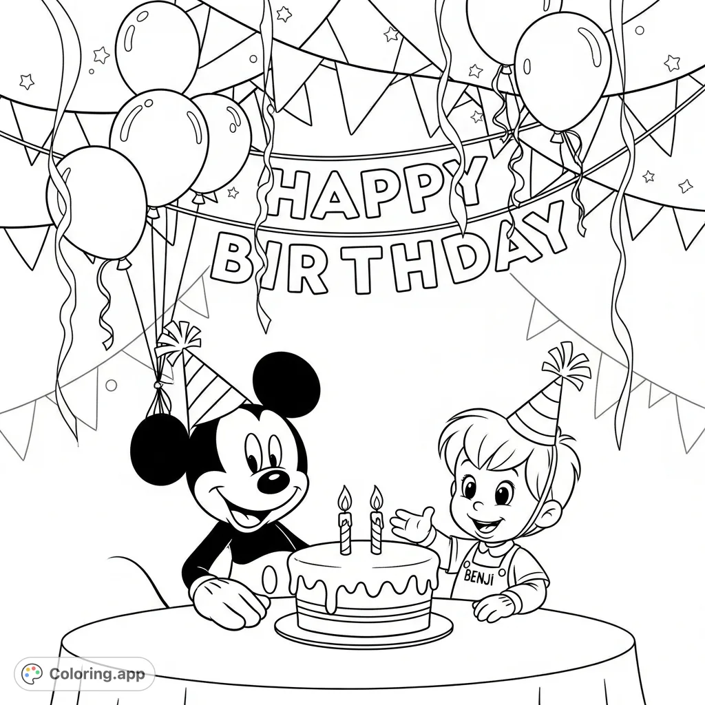 Celebrate Benji's 2nd birthday with Mickey Mouse! A delightful scene featuring a cake, balloons, and a "Happy Birthday" banner, perfect for fans.