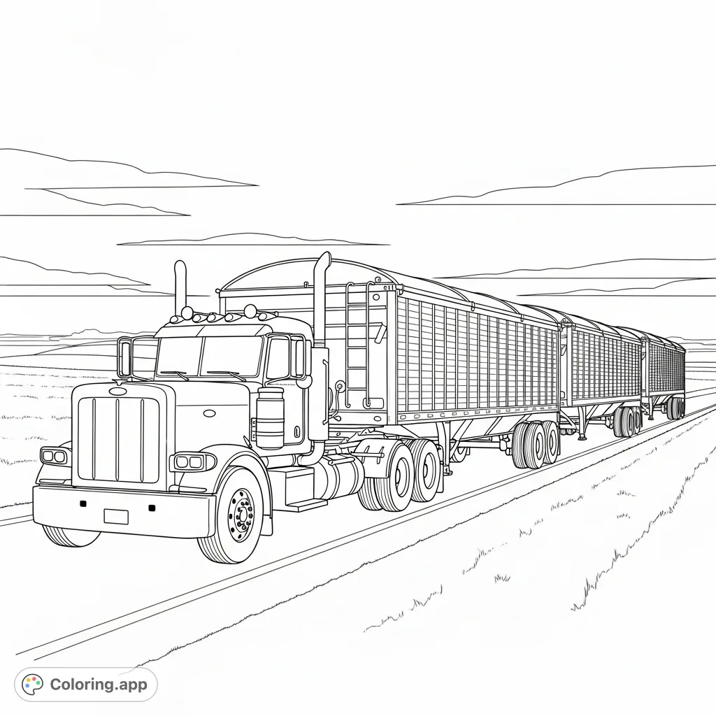 Experience the might of a Peterbilt longnose truck as it transports four robust grain trailers across an open landscape. A powerful trucking scene for enthusiasts to color and enjoy.