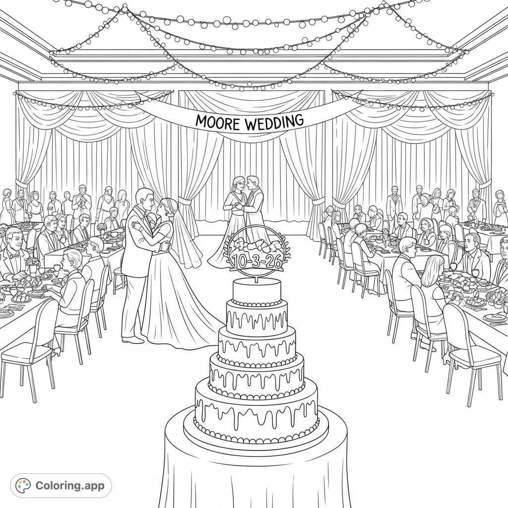 Celebrate love with this detailed Moore wedding reception coloring page. Features the happy couple dancing, a grand cake, and festive ballroom decor.