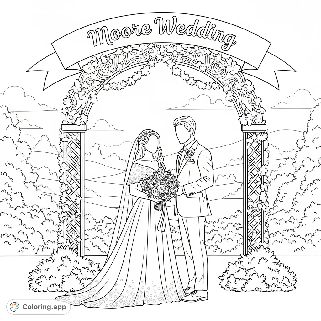 Celebrate a special day with this elegant Moore Wedding coloring page, featuring a happy couple under a beautiful arch, ready for your creative touch.