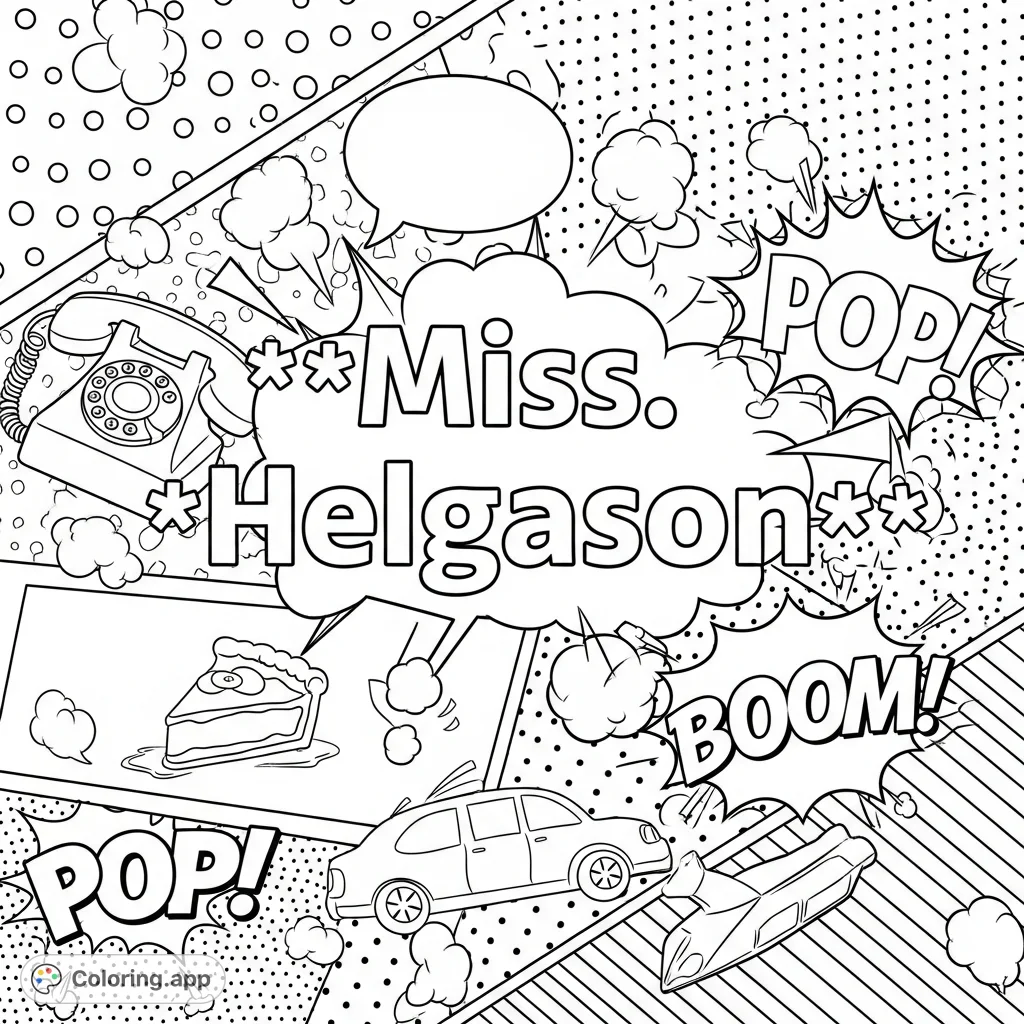 A dynamic comic book pop art coloring page featuring bold 'Miss. ', and graphic patterns.