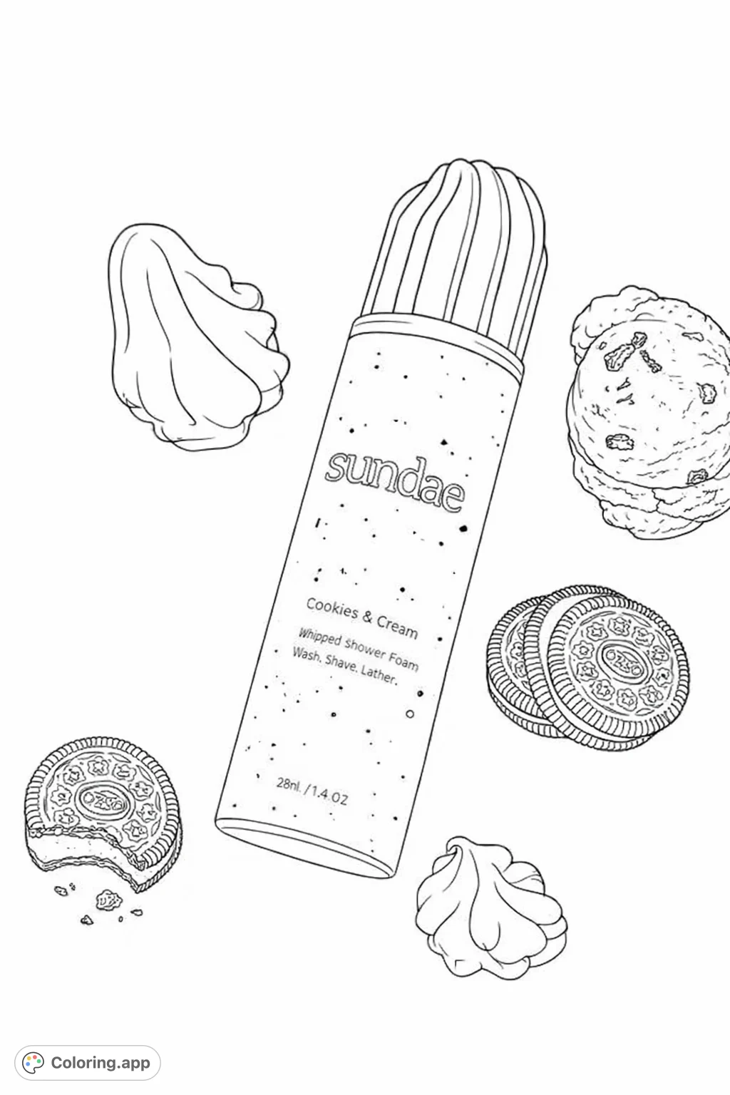Color a delightful still life featuring a unique spray can surrounded by tempting cookies, creamy ice cream, and soft foamy swirls.