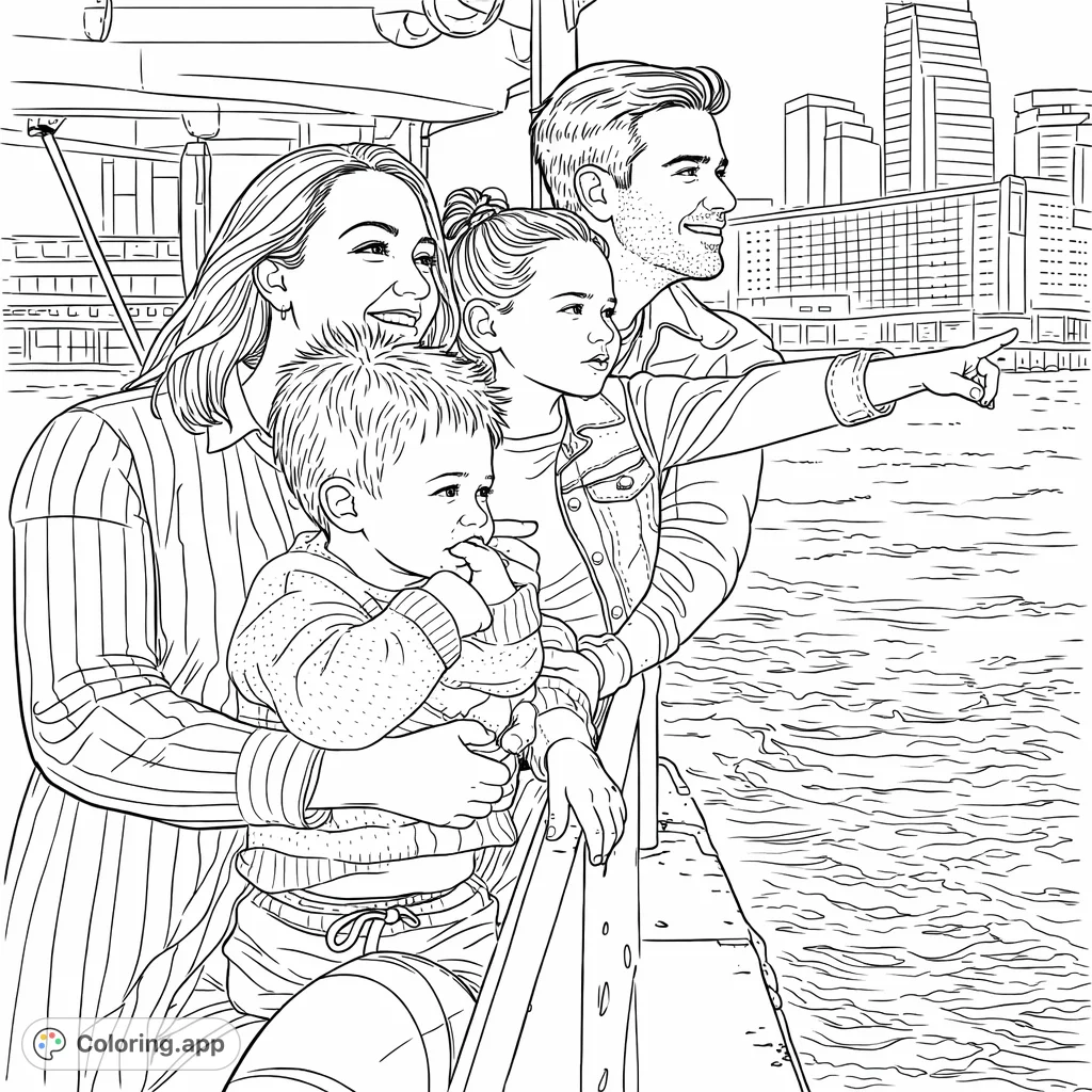 A cheerful family on a boat trip, gazing at a distant city skyline. This detailed scene offers a heartwarming and engaging coloring experience.