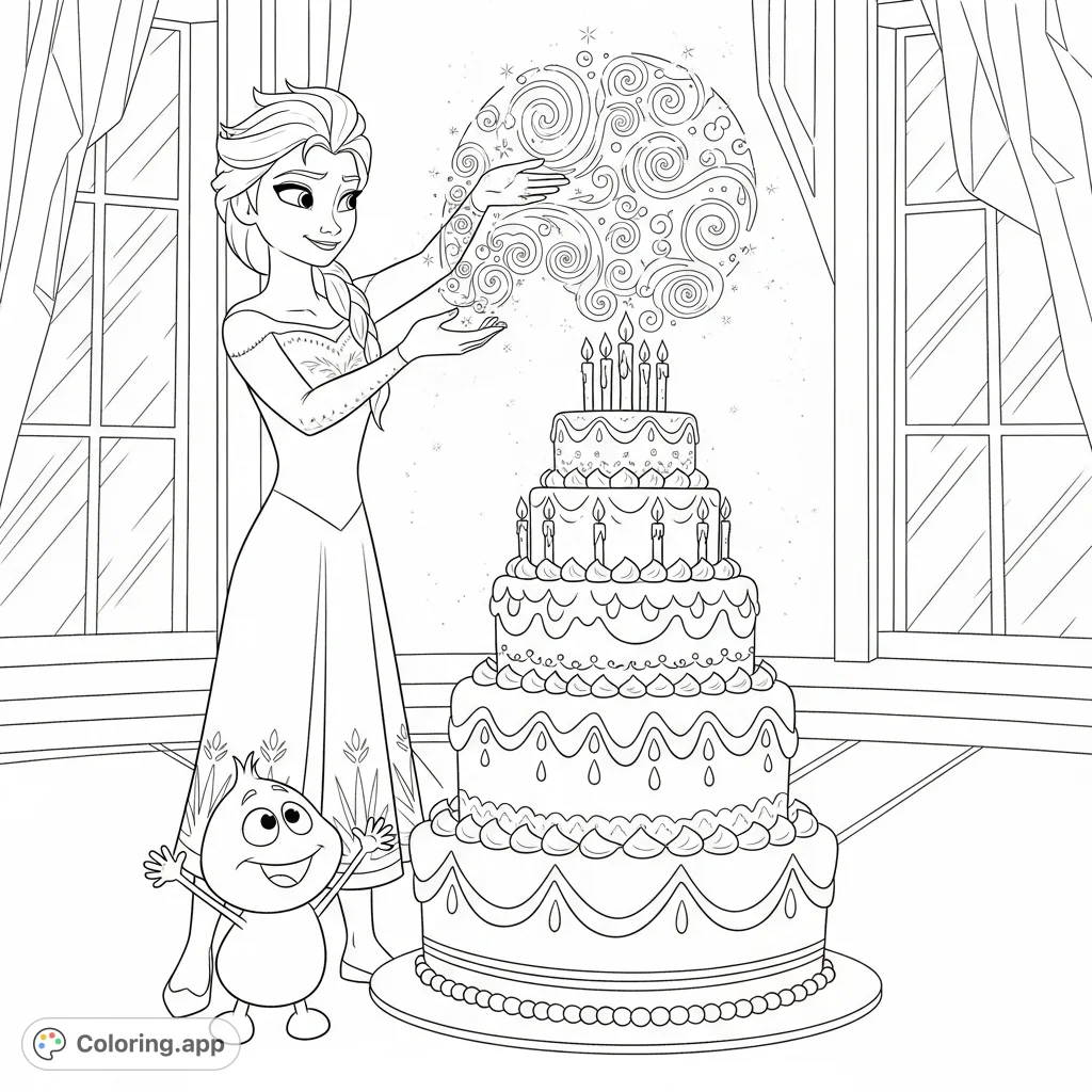 A delightful Frozen coloring page featuring Elsa conjuring a beautiful birthday cake with her magic for Lumi, amidst an enchanting icy setting. A free printable coloring page.
