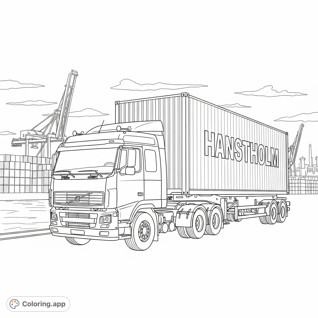 Explore the bustling Hanstholm port with this detailed container transport truck. Perfect for enthusiasts of vehicles and industrial scenes.