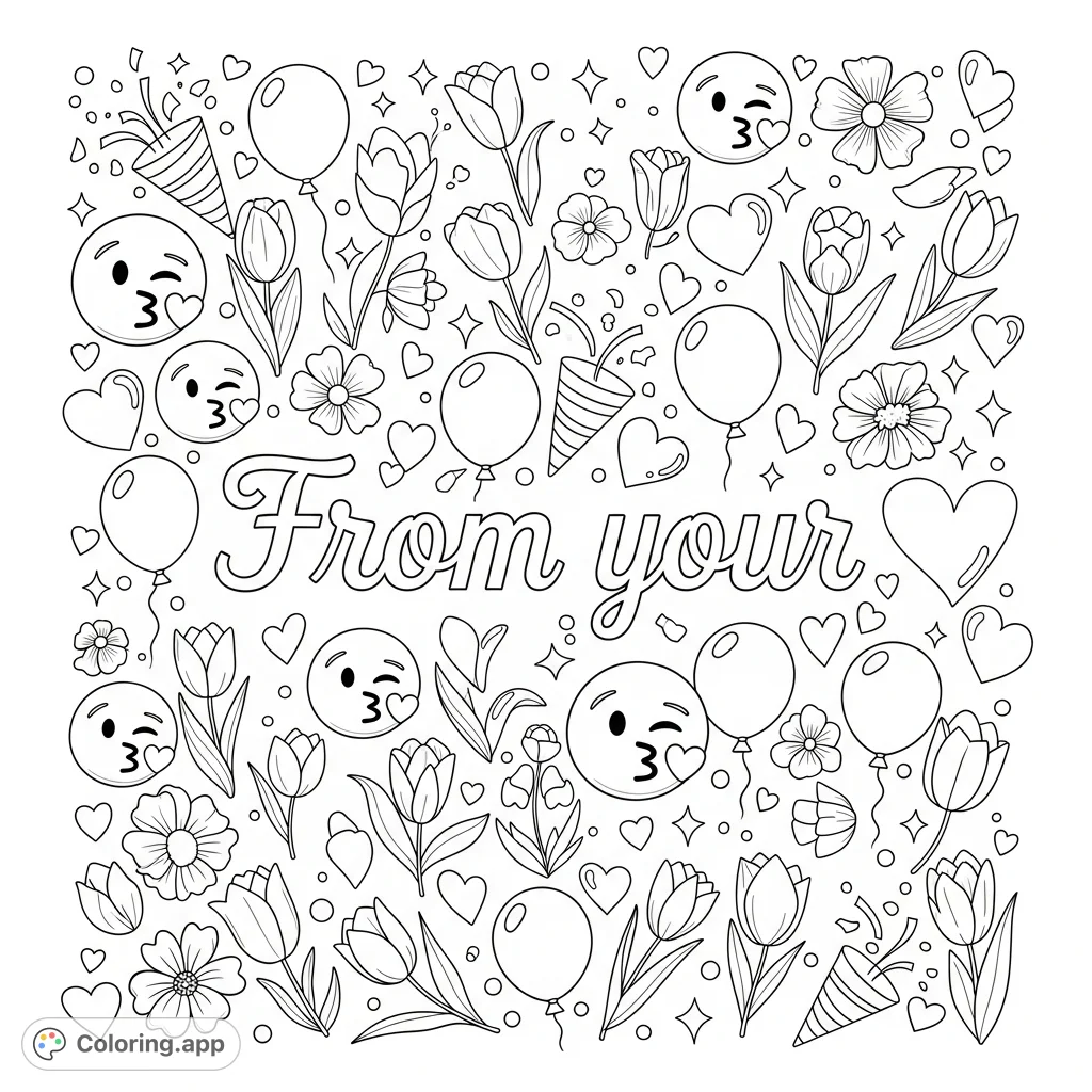 A romantic message coloring page featuring "From your पति" surrounded by a festive array of tulips, flowers, balloons, hearts, sparkles, and kiss emojis.