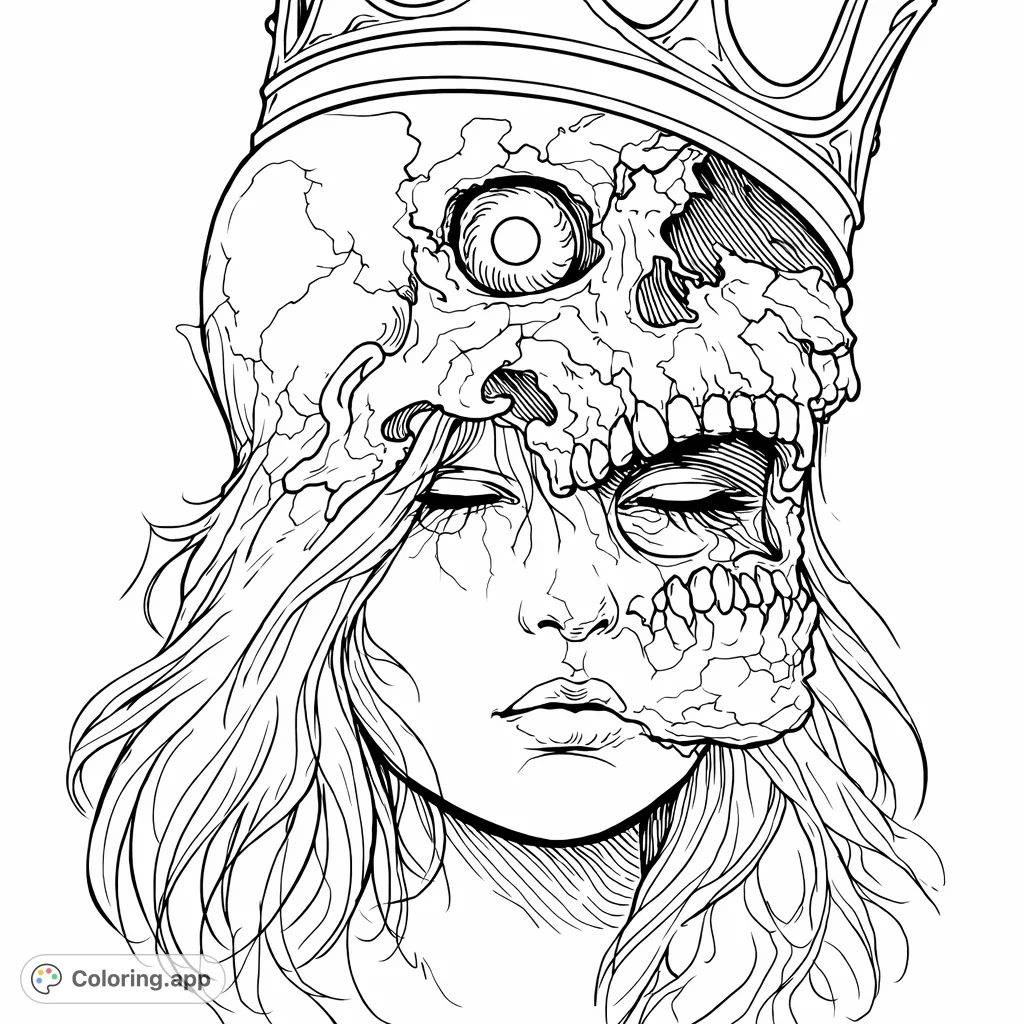 An intriguing portrait features a crowned skull merged with a human face, surrounded by flowing hair. A unique, gothic-inspired design for creative coloring.