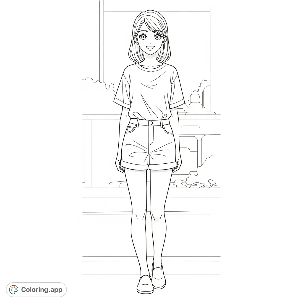 A cheerful anime girl in a t-shirt and shorts, perfect for a relaxing coloring session. Express your creativity with this casual character.