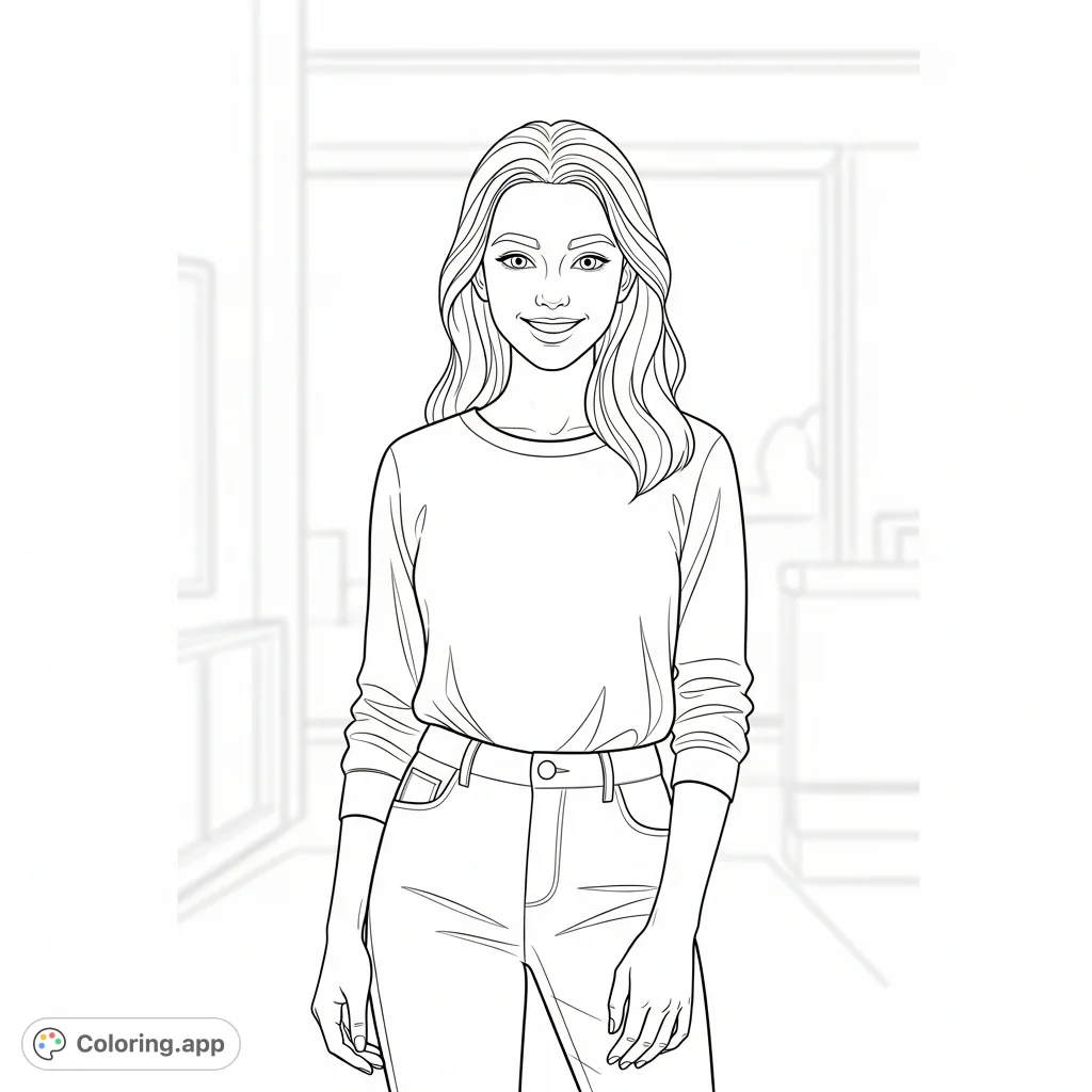 A charming smiling teenage girl stands, offering a delightful portrait for coloring. Perfect for those who enjoy people-focused designs.