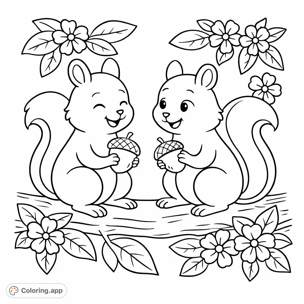 Friendly Squirrels and Acorns - Coloring.app