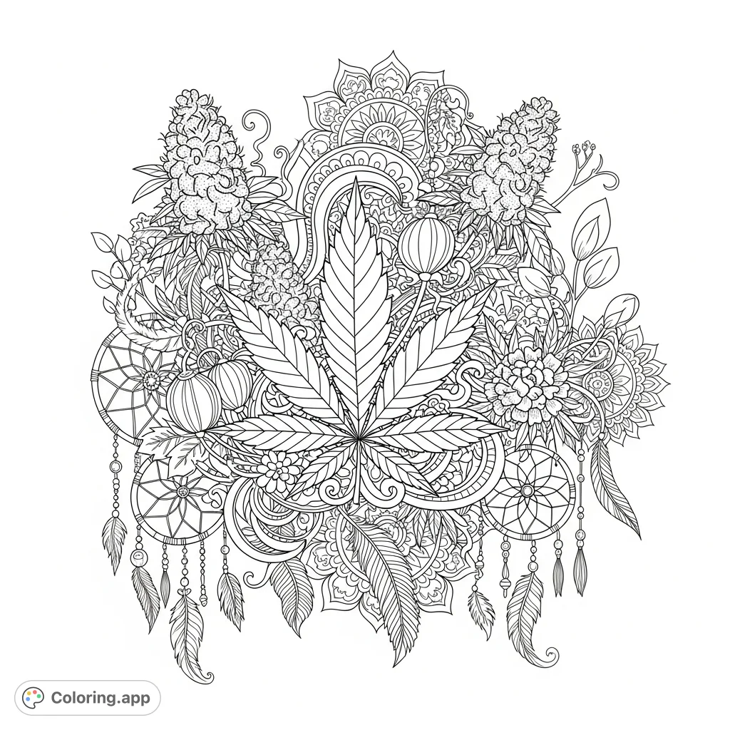 Unwind with this intricate boho cannabis coloring page, featuring stylized leaves, flowers, feathers, and mandalas for a truly relaxing creative escape.