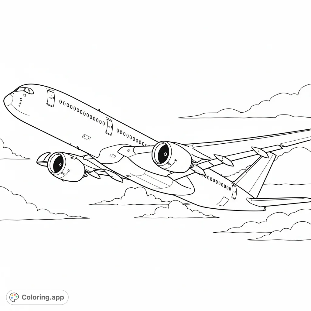 A detailed A350 Airbus passenger jet in flight, showcasing its sleek fuselage, powerful engines, and distinctive wingtips against a simple sky.