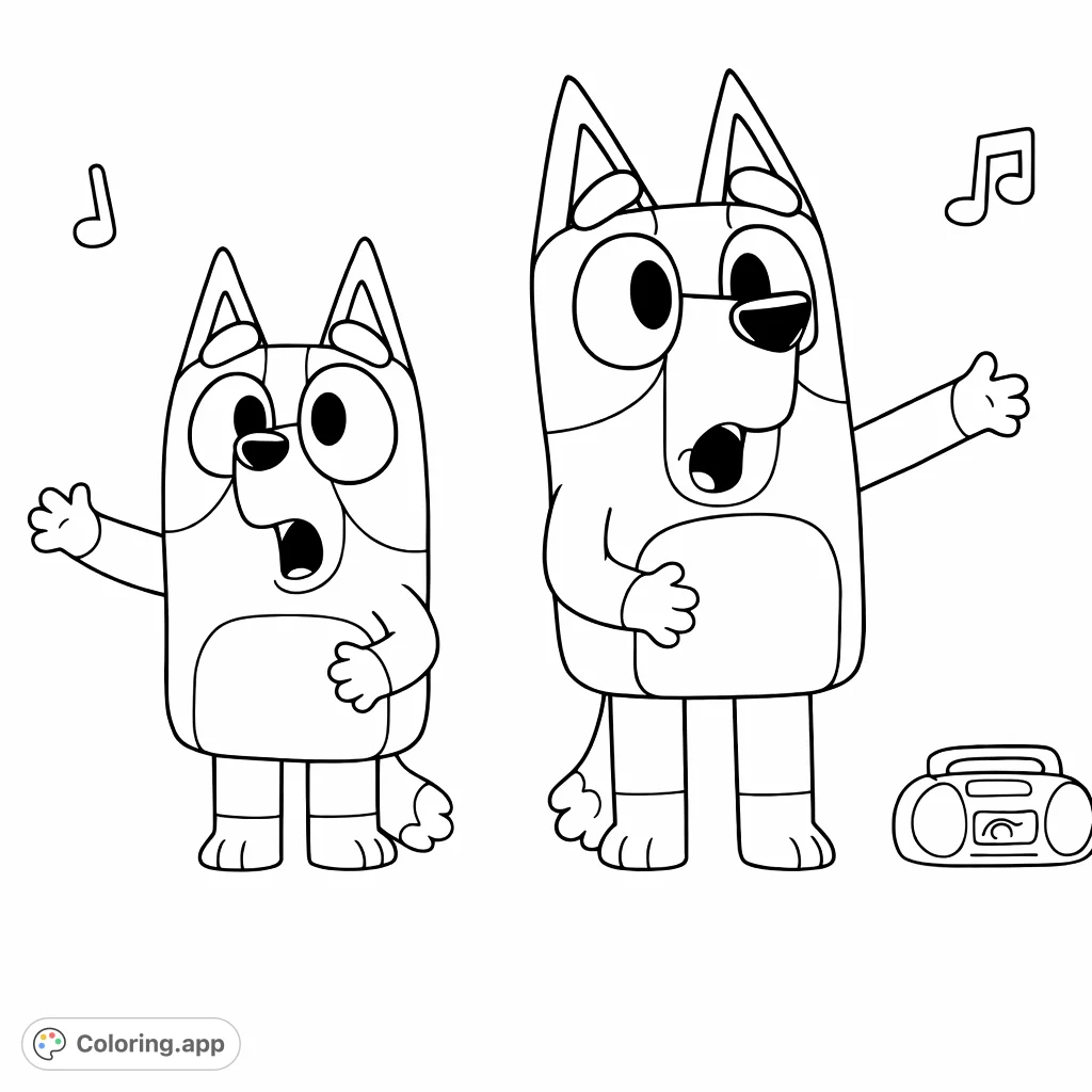 Join two lively animated dog characters as they sing and dance! A fun, free printable design for kids and fans of the popular cartoon show.