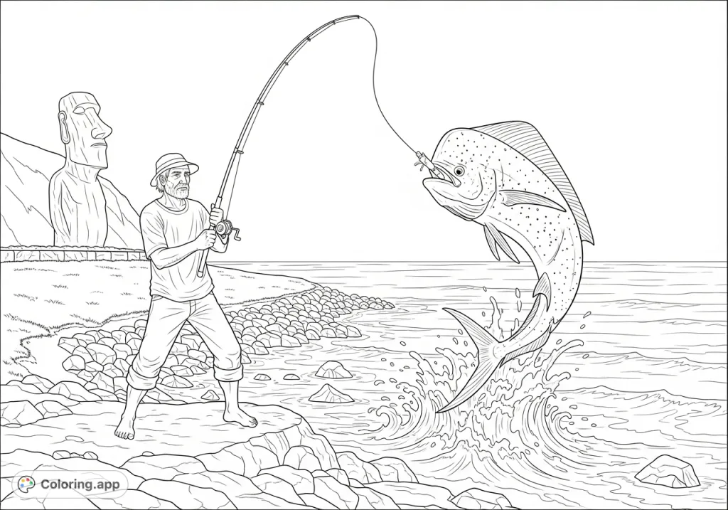 A seasoned angler battles a powerful mahi-mahi off the rugged coast of Easter Island, with ancient Moai statues observing the thrilling fishing adventure.