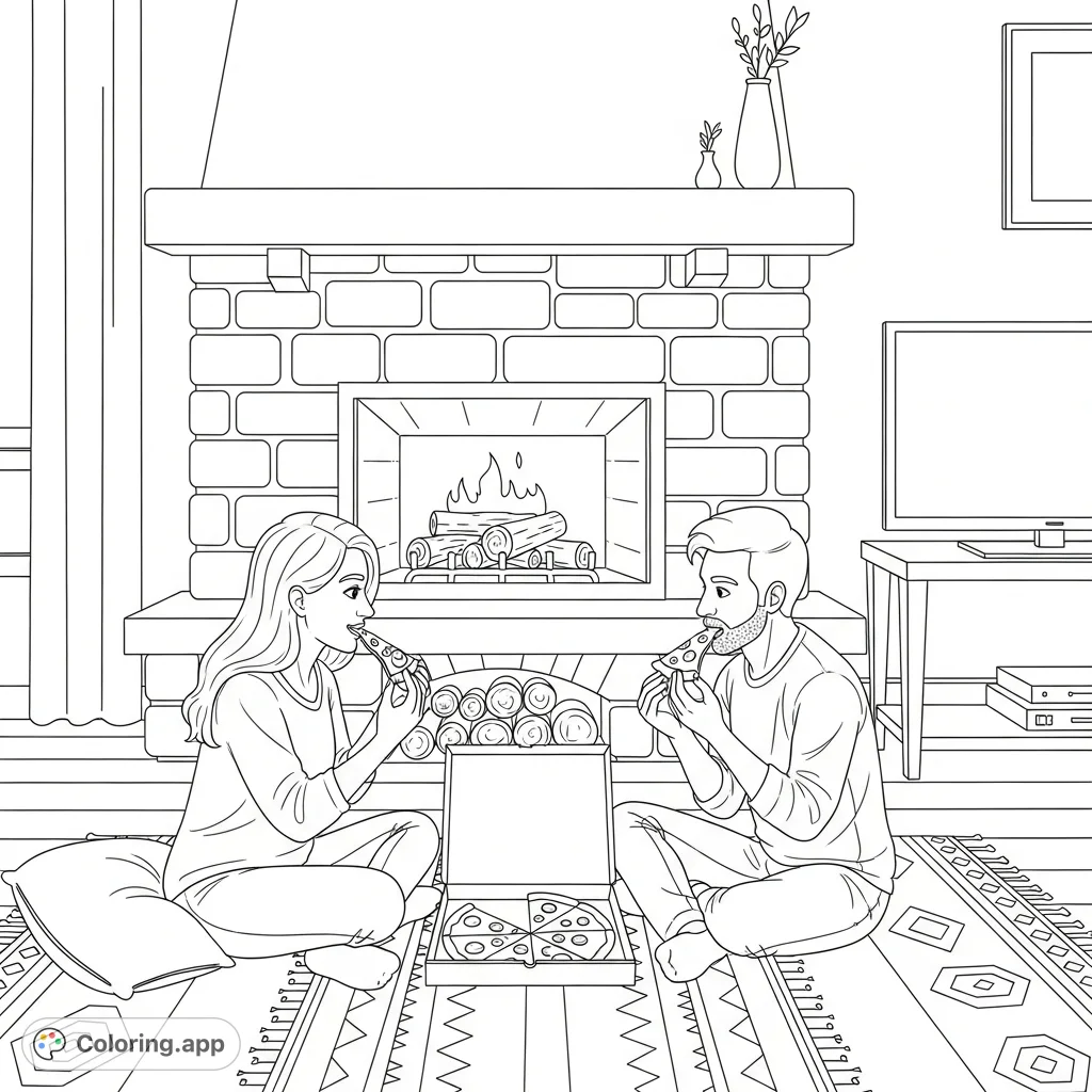 Enjoy a comforting scene of a couple sharing pizza by a fireplace and TV. A delightful cozy coloring page, perfect for relaxation and creativity.