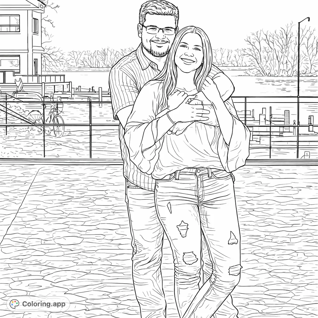 A heartwarming coloring page featuring a couple embracing by the waterfront. Perfect for celebrating love and connection in a scenic outdoor setting.