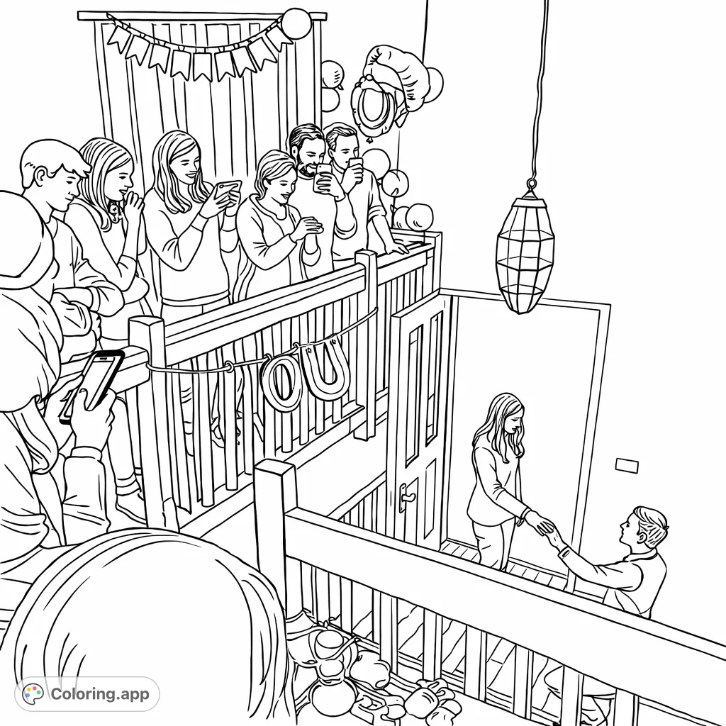 A heartwarming surprise proposal unfolds on a decorated staircase, witnessed by a joyful crowd. Capture this special moment celebrating love and family.