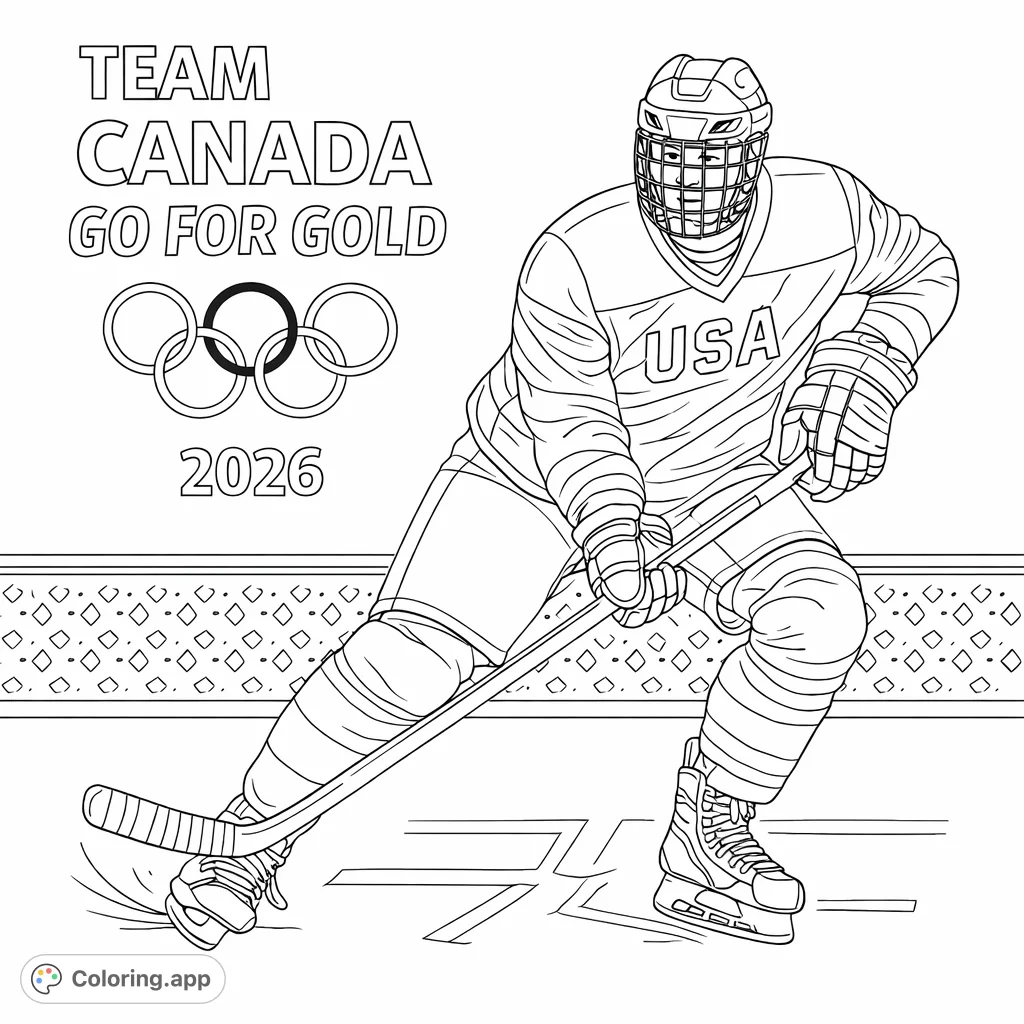 An energetic hockey player on the ice, fully geared, ready for action. Includes Olympic rings and 'Team Canada' details.