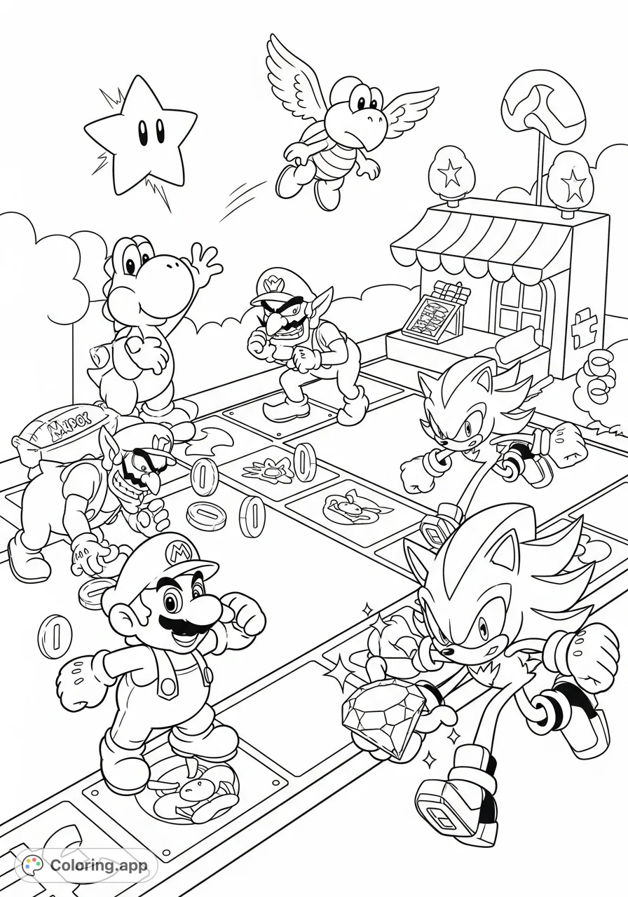 Join Yoshi, Mario, Wario, Waluigi, Sonic, and Shadow in a lively Super Mario Party scene, packed with stars, coins, and fast-paced action!