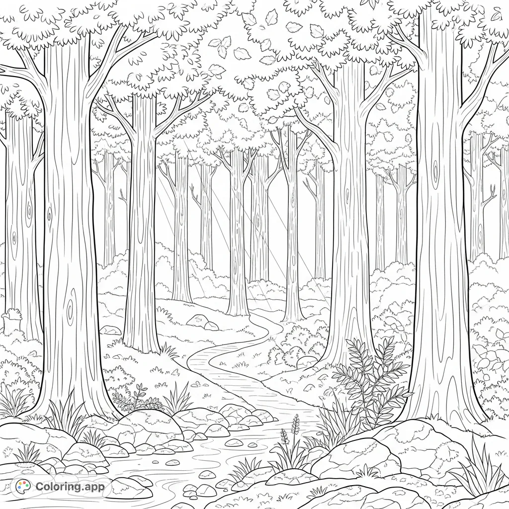 Explore a captivating forest scene with towering trees, a winding path, and abundant flora. A serene nature adventure awaits your creative touch.