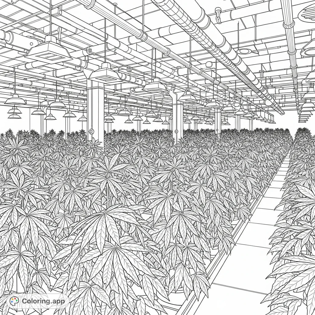 Explore an intricate botanical cultivation facility coloring page, featuring dense rows of leafy plants under a complex system of lights and ventilation.