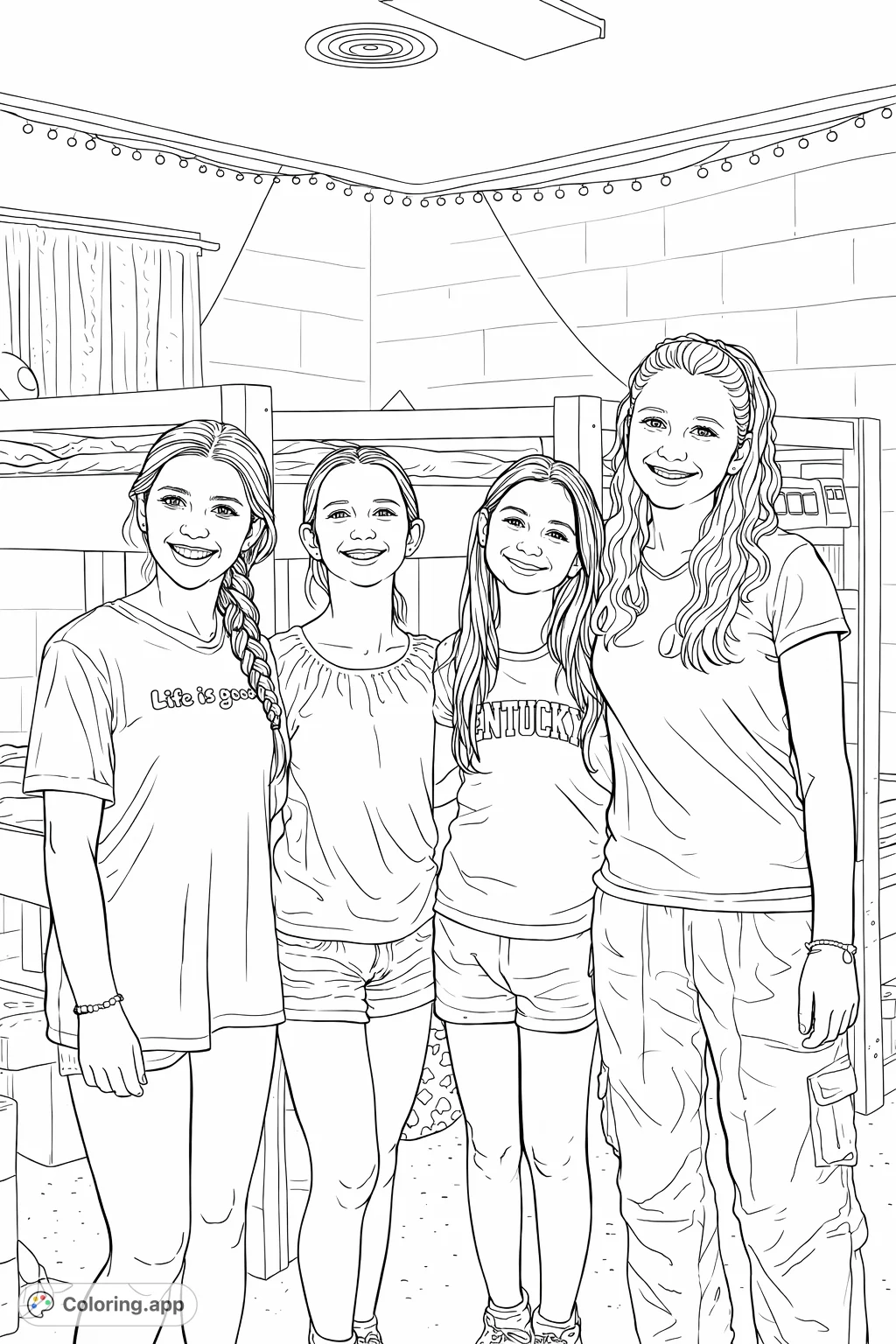 A fun sleepover scene featuring four cheerful girls in a bunk room with decorative lights and bunk beds. Perfect for capturing friendship and happy memories.