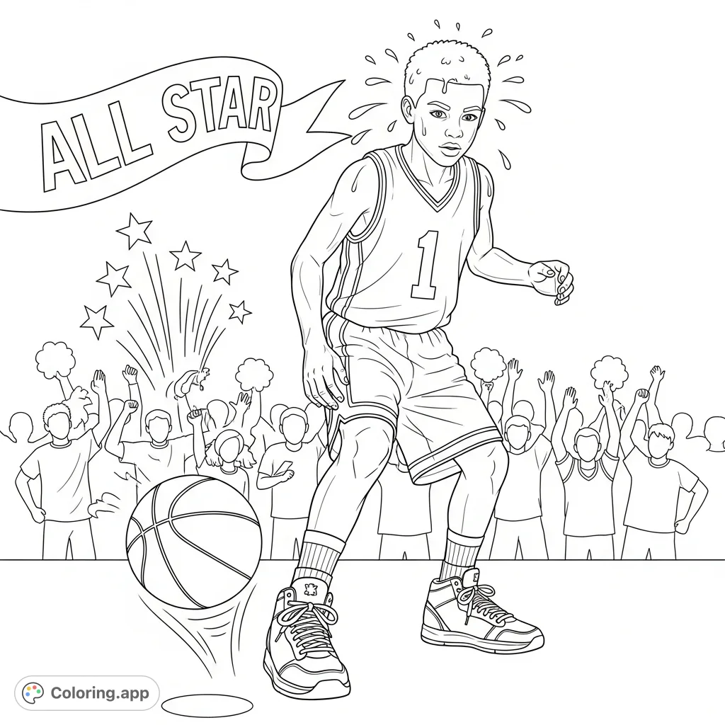 A dynamic basketball player in full uniform dribbling, surrounded by cheering teammates and bursting stars. Features an "ALL STAR" banner overhead.