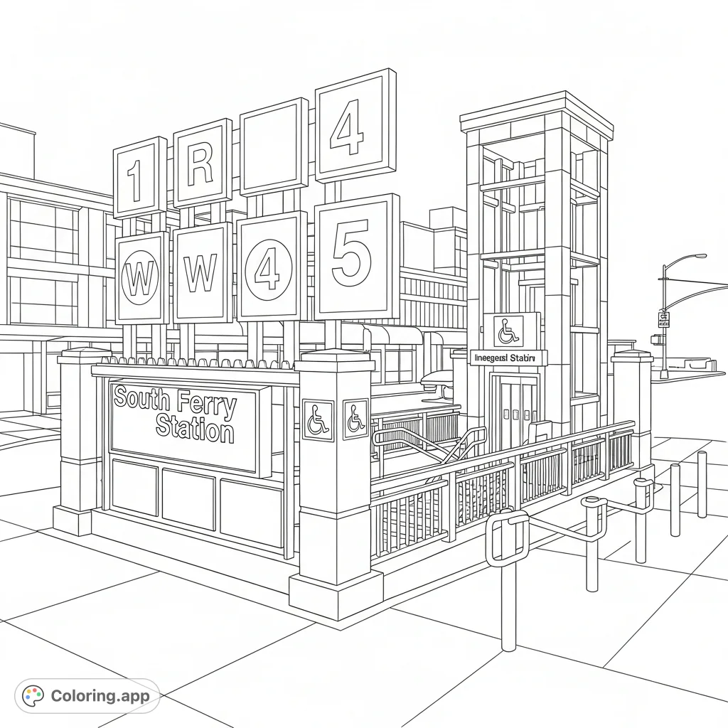 Explore the intricate South Ferry station entrance, featuring "1, R, W, 4, 5" train signs, an accessibility elevator, and detailed urban architecture.