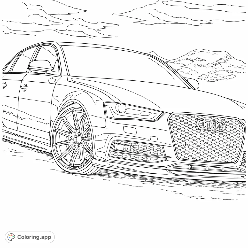 Color this sleek modern sedan against a stunning mountain backdrop. Featuring intricate details on the car and a dramatic natural landscape.