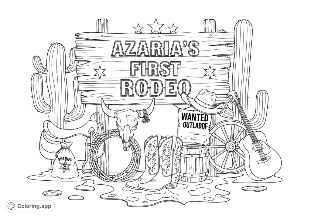 Discover a charming rustic western scene featuring "AZARIA'S FIRST RODEO" on a wooden sign, cowboy boots, lasso, cacti, and more for endless creative coloring fun.