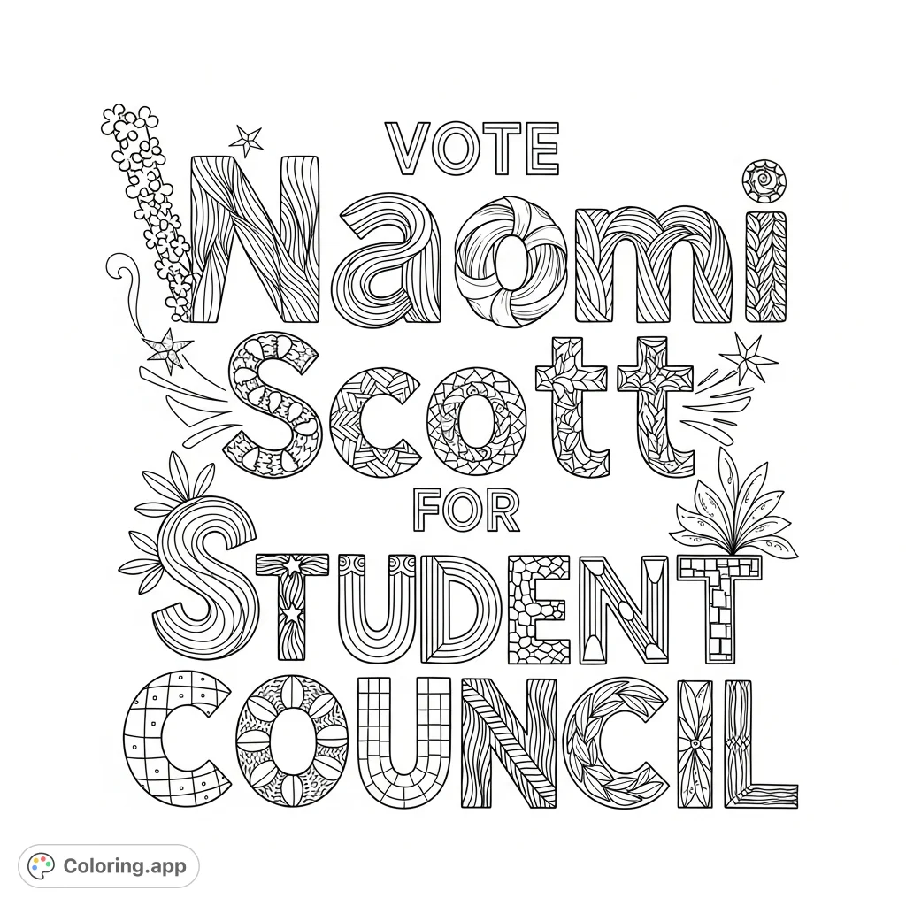 Color a unique "Vote Naomi Scott for Student Council" design! Each letter features intricate patterns like geometric shapes, ribbons, woven textures, and starbursts.