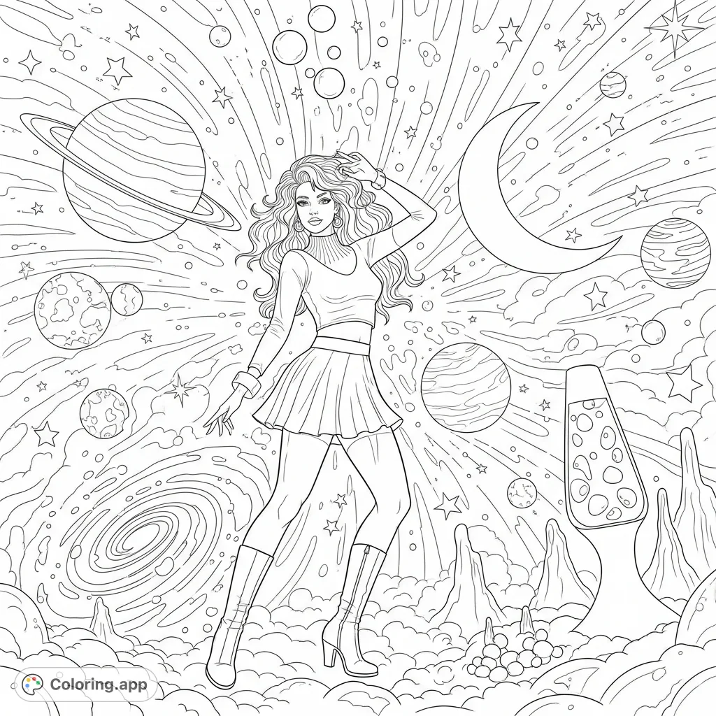 Unleash your creativity with this retro psychedelic cosmic dancer coloring page, featuring swirling galaxies and lava-lamp shapes for an otherworldly experience.