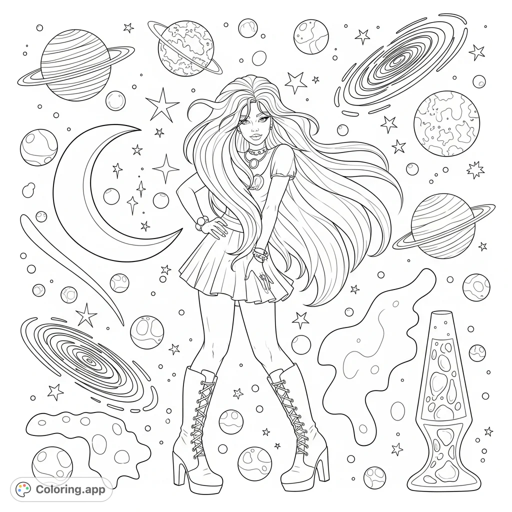 A vibrant retro psychedelic cosmic dancer with flowing hair and a confident pose, surrounded by groovy space elements like planets, stars, and lava-lamp shapes.