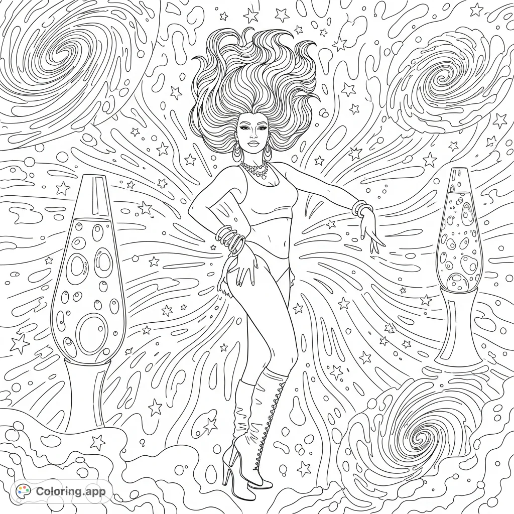 Unleash your creativity with this retro psychedelic dancer coloring page, featuring a graceful figure amidst swirling galaxies and groovy cosmic elements.