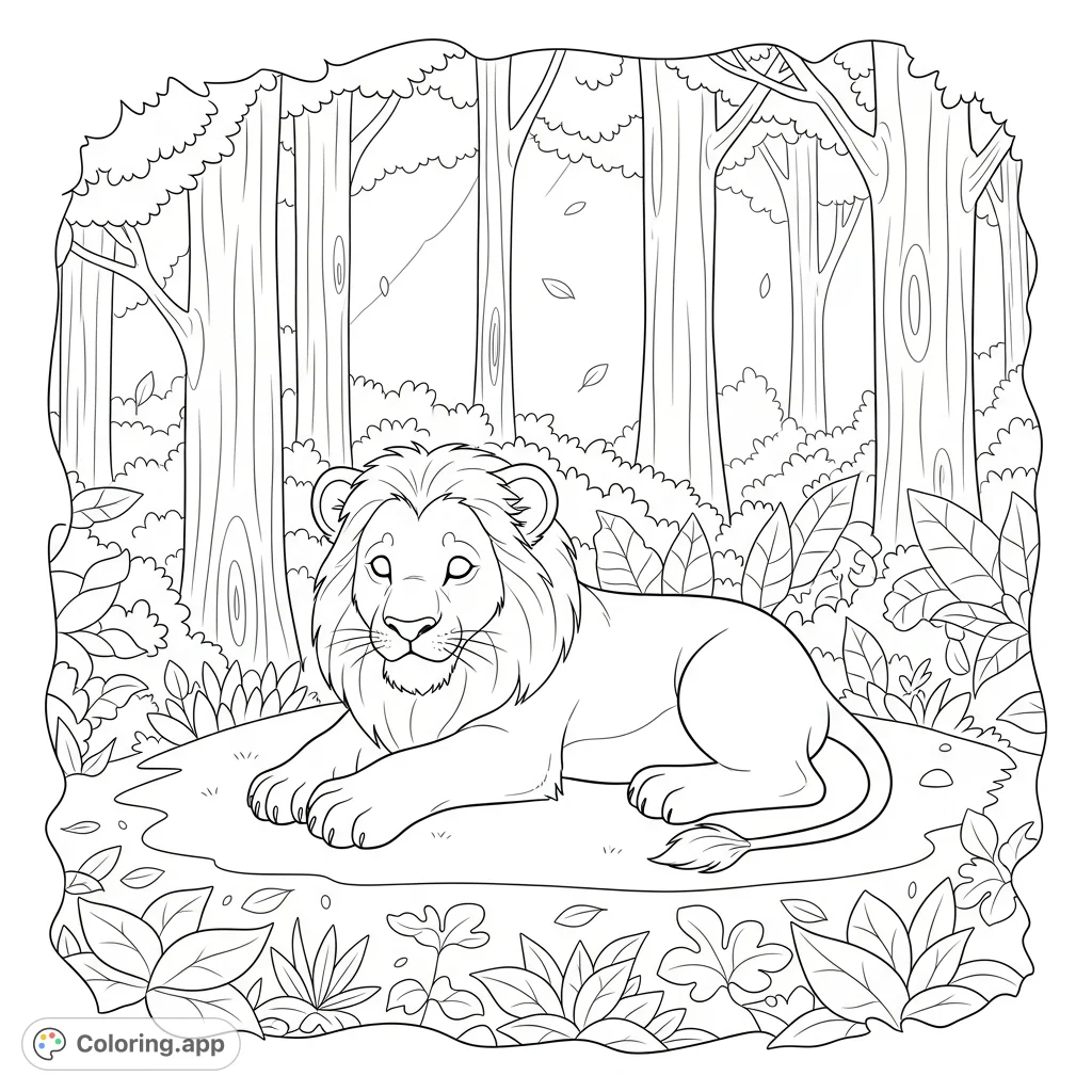 Discover a charming lion cub napping peacefully amidst lush forest foliage. This delightful scene offers a serene escape, perfect for a relaxing coloring experience.