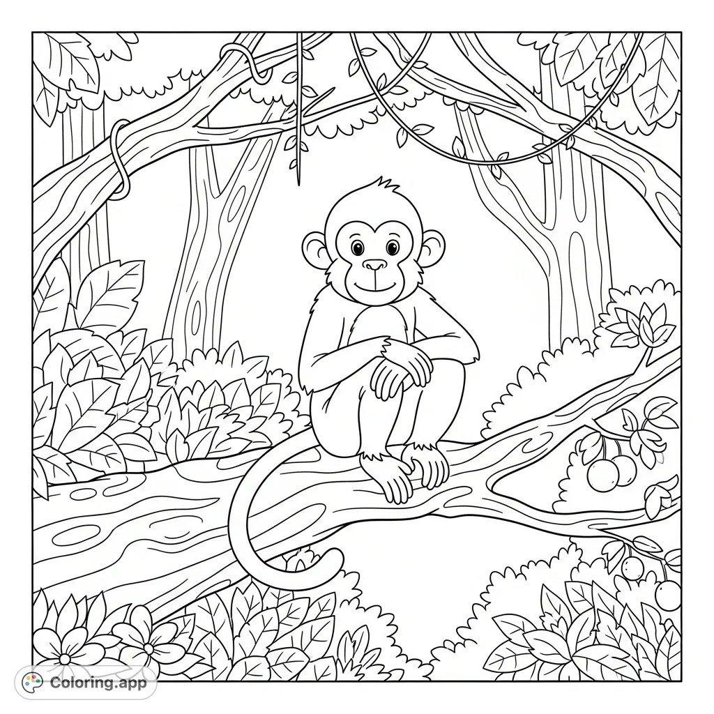 Forest Monkey on Branch - Coloring.app