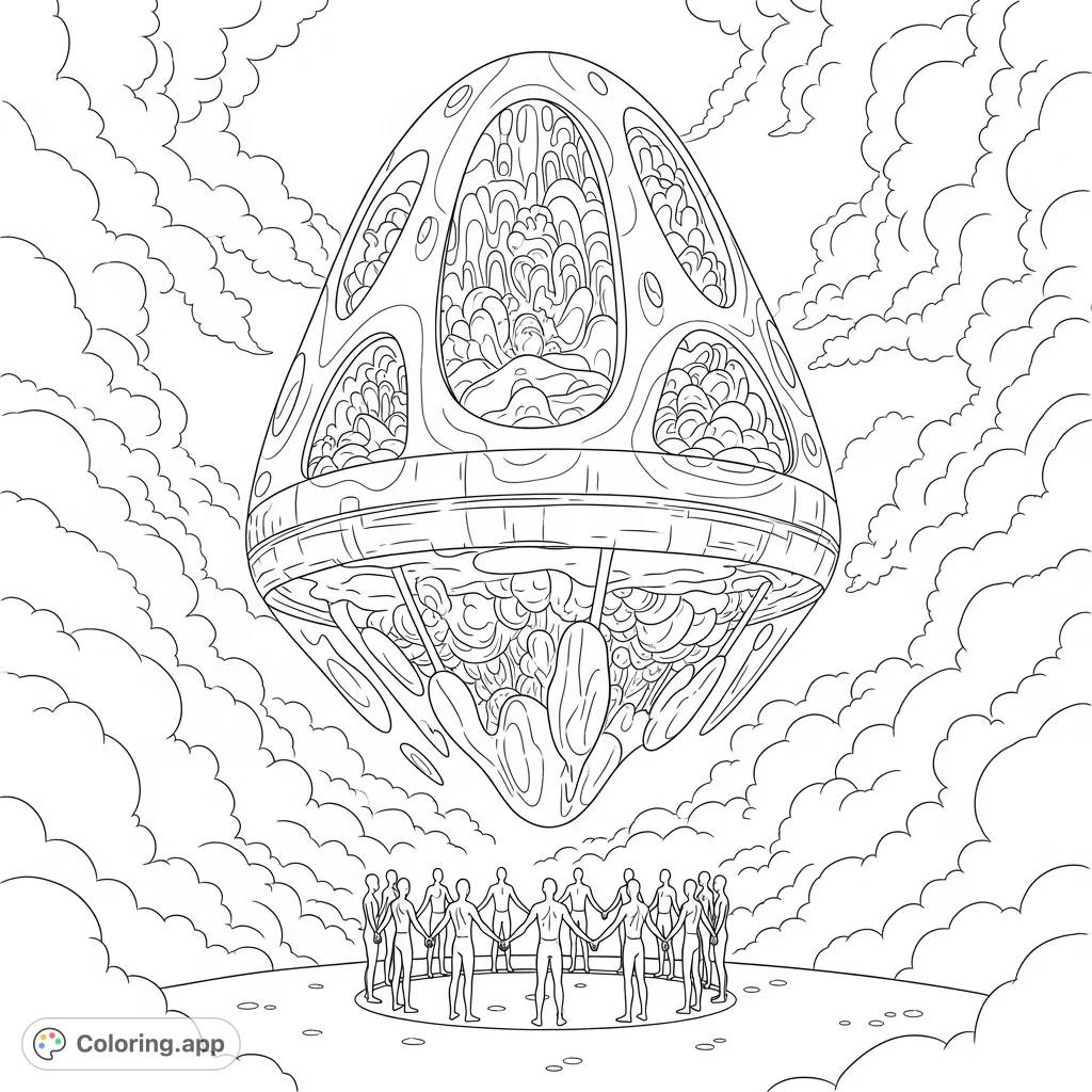 An undulating lava lamp spaceship floats amidst swirling clouds, while humanoid figures below form a circle, joining hands in a moment of profound unity.