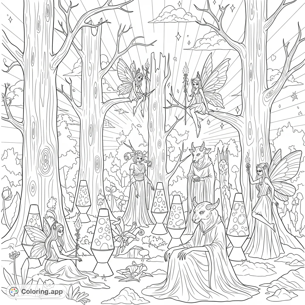 Explore a lost magical forest with gothic fairies, mystical chimeras in flowing robes, and whimsical lava lamps. A unique fantasy coloring page for all ages.