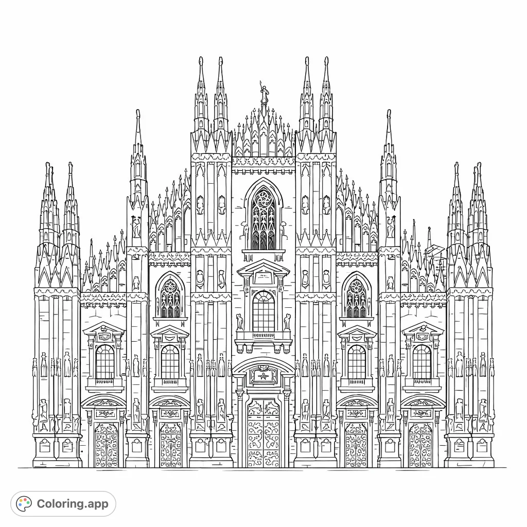 An incredibly detailed Milan Cathedral coloring page, showcasing its grand Gothic facade, countless spires, and intricate architectural carvings. A true challenge for experienced colorists.
