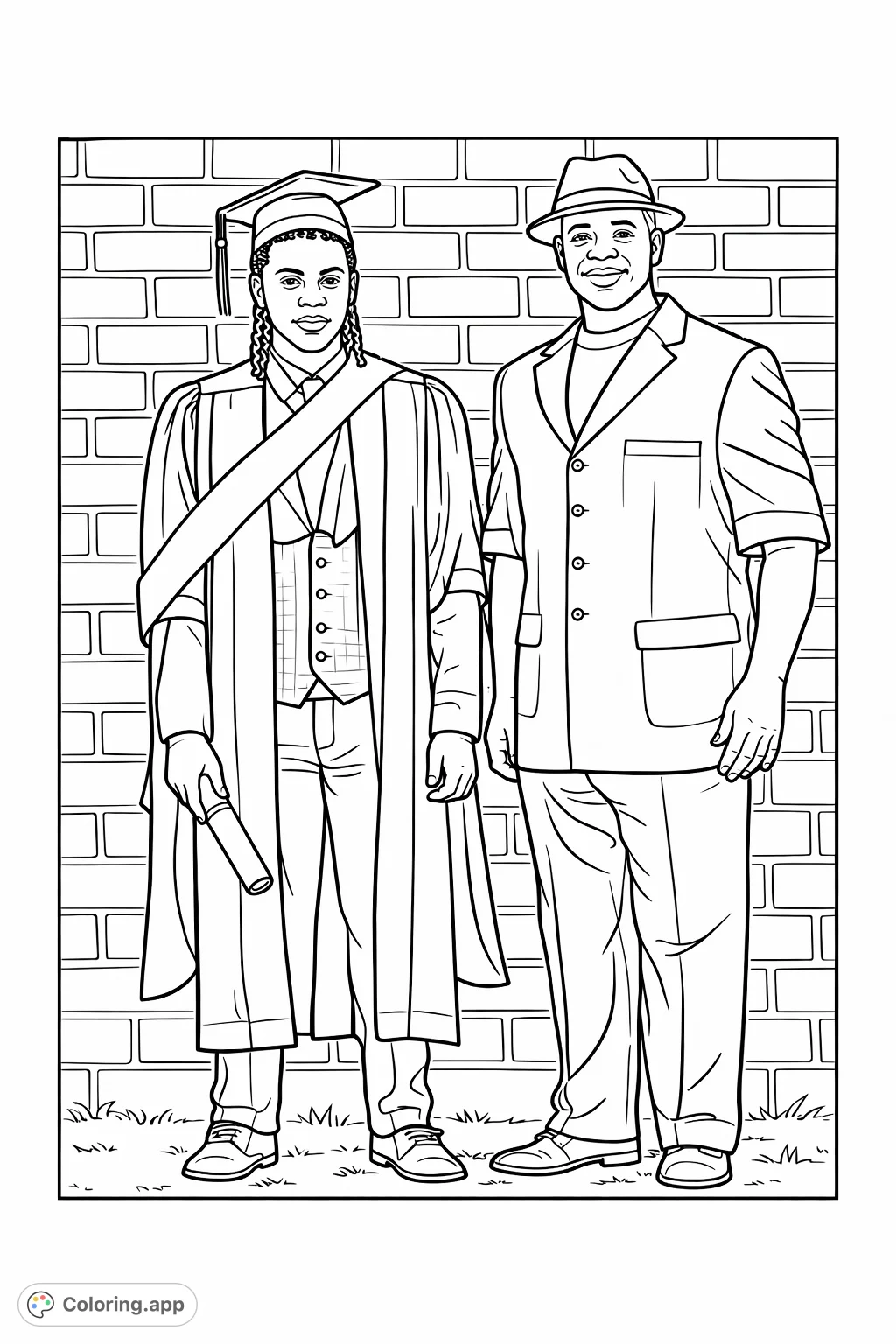 Celebrate a special graduation moment! This cartoony coloring page features a graduate and a proud individual against a brick wall, ready for your creative touch.